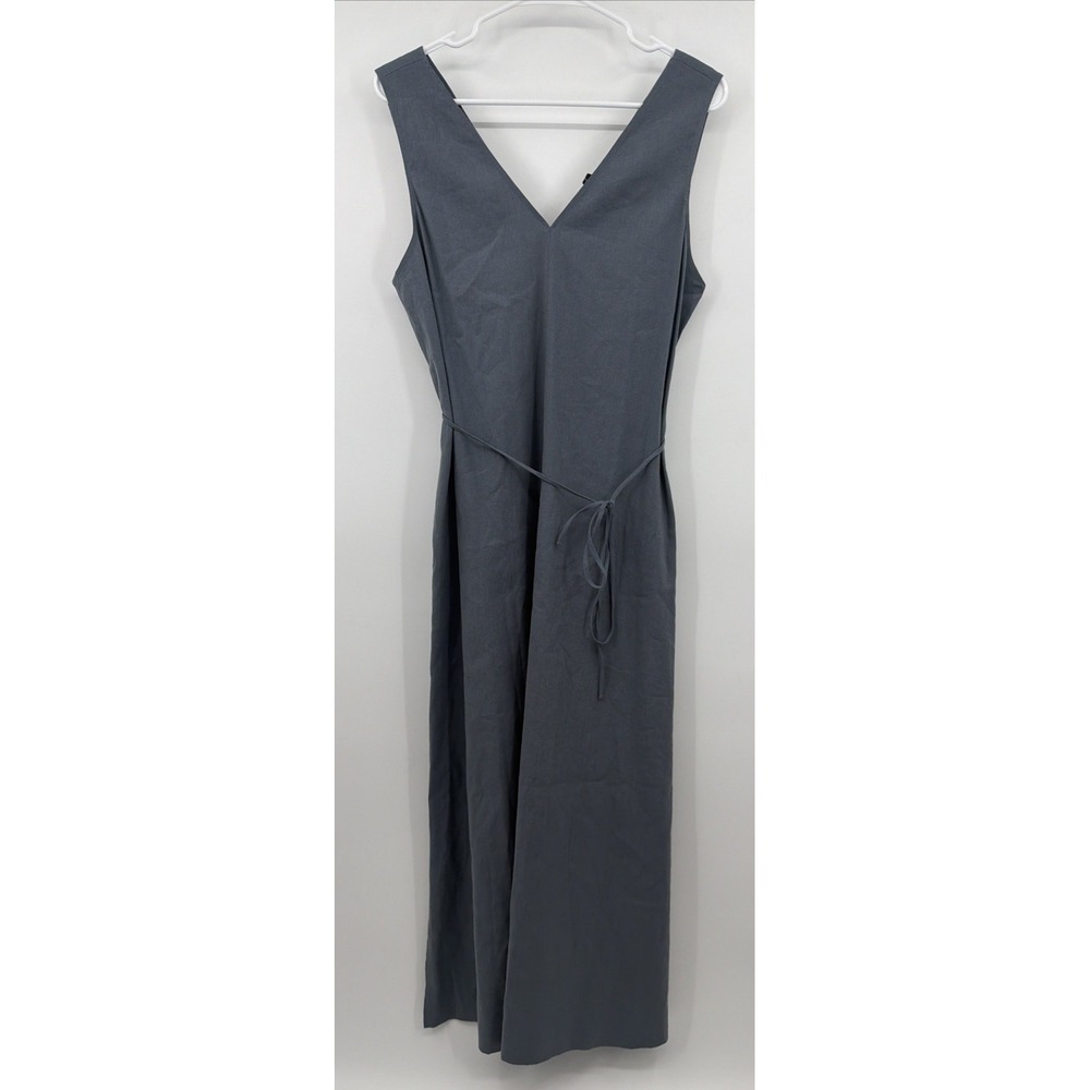 THEORY Steel Deep V Maxi Dress Slit On Sides Pockets Linen Blend Size Large